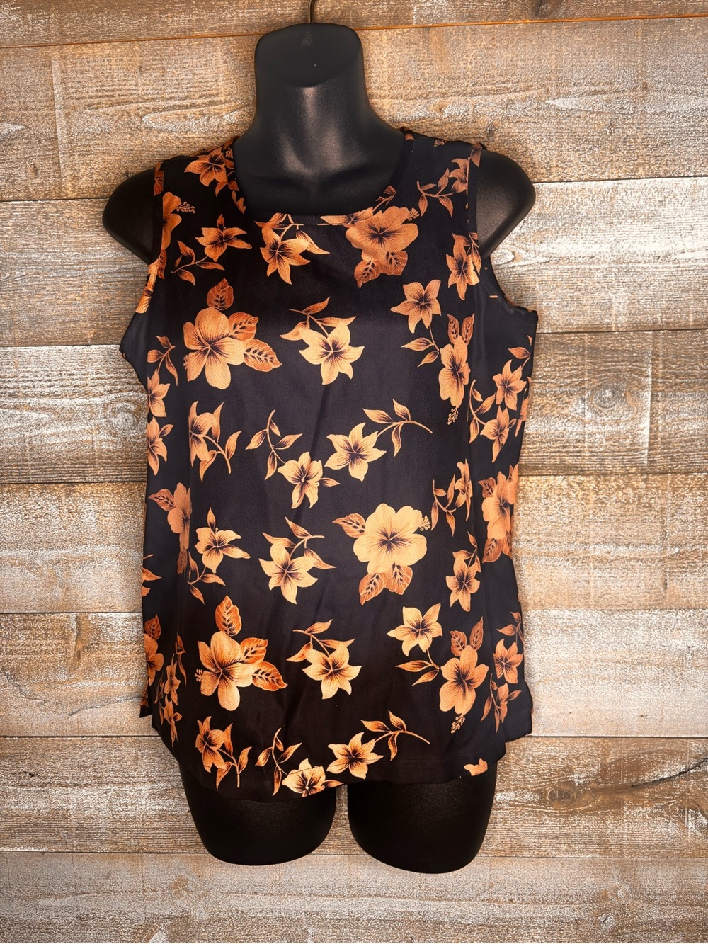 Talbots 100% silk Black floral Tank Top with gold Floral Print